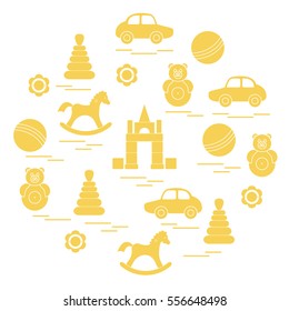 Vector illustration kids elements arranged in a circle: car, pyramid, roly-poly, ball, cubes, rocking horse, rattle. Design element for postcard, banner, flyer, poster or print. 