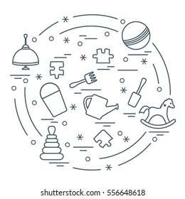 Vector illustration kids elements arranged in a circle: whirligig, ball, puzzle, rocking horse,  bucket, pyramid and other. Design element for postcard, banner, flyer, poster or print. 