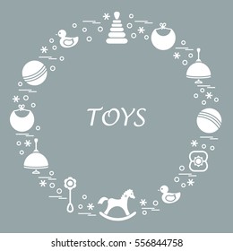Vector illustration kids elements arranged in a circle: whirligig, ball, rocking horse, duck, pyramid and other. Design element for postcard, banner, flyer, poster or print. 