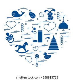 Vector illustration kids elements arranged in a heart: bird, whale, pacifier, bubbles, pyramid, beanbag, rabbit, duck and other. Design element for postcard, banner, flyer, poster or print.