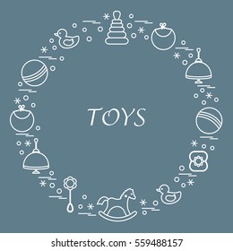 Vector illustration kids elements arranged in a circle: whirligig, ball, rocking horse, duck, pyramid and other. Design element for postcard, banner, flyer, poster or print. 