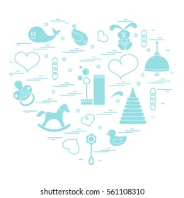 Vector illustration kids elements arranged in a heart: bird, whale, pacifier, bubbles, pyramid, beanbag, rabbit, duck and other. Design element for postcard, banner, flyer, poster or print.
