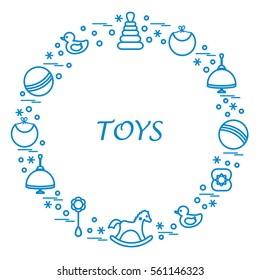Vector illustration kids elements arranged in a circle: whirligig, ball, rocking horse, duck, pyramid and other. Design element for postcard, banner, flyer, poster or print. 