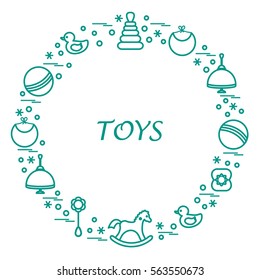 Vector illustration kids elements arranged in a circle: whirligig, ball, rocking horse, duck, pyramid and other. Design element for postcard, banner, flyer, poster or print. 