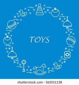 Vector illustration kids elements arranged in a circle: whirligig, ball, rocking horse, duck, pyramid and other. Design element for postcard, banner, flyer, poster or print. 