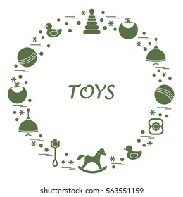 Vector illustration kids elements arranged in a circle: whirligig, ball, rocking horse, duck, pyramid and other. Design element for postcard, banner, flyer, poster or print. 