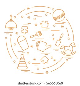 Vector illustration kids elements arranged in a circle: whirligig, ball, puzzle, rocking horse,  bucket, pyramid and other. Design element for postcard, banner, flyer, poster or print. 