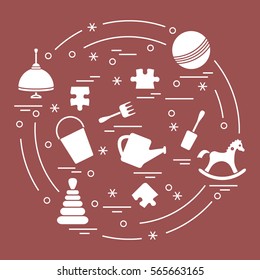 Vector illustration kids elements arranged in a circle: whirligig, ball, puzzle, rocking horse,  bucket, pyramid and other. Design element for postcard, banner, flyer, poster or print. 