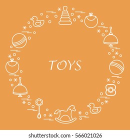 Vector illustration kids elements arranged in a circle: whirligig, ball, rocking horse, duck, pyramid and other. Design element for postcard, banner, flyer, poster or print. 