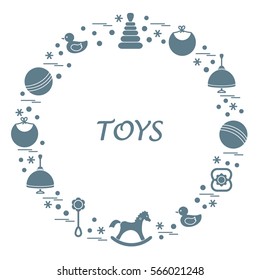 Vector illustration kids elements arranged in a circle: whirligig, ball, rocking horse, duck, pyramid and other. Design element for postcard, banner, flyer, poster or print. 