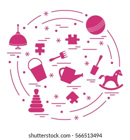 Vector illustration kids elements arranged in a circle: whirligig, ball, puzzle, rocking horse,  bucket, pyramid and other. Design element for postcard, banner, flyer, poster or print. 