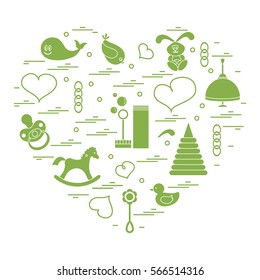 Vector illustration kids elements arranged in a heart: bird, whale, pacifier, bubbles, pyramid, beanbag, rabbit, duck and other. Design element for postcard, banner, flyer, poster or print.