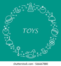Vector illustration kids elements arranged in a circle: whirligig, ball, rocking horse, duck, pyramid and other. Design element for postcard, banner, flyer, poster or print. 