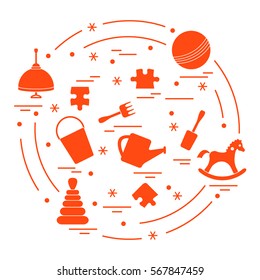 Vector illustration kids elements arranged in a circle: whirligig, ball, puzzle, rocking horse,  bucket, pyramid and other. Design element for postcard, banner, flyer, poster or print. 