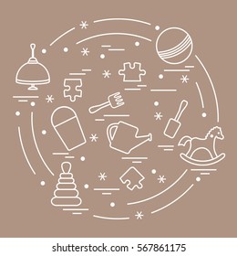 Vector illustration kids elements arranged in a circle: whirligig, ball, puzzle, rocking horse,  bucket, pyramid and other. Design element for postcard, banner, flyer, poster or print. 