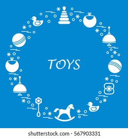 Vector illustration kids elements arranged in a circle: whirligig, ball, rocking horse, duck, pyramid and other. Design element for postcard, banner, flyer, poster or print. 
