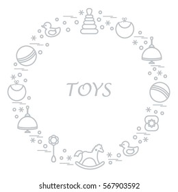 Vector illustration kids elements arranged in a circle: whirligig, ball, rocking horse, duck, pyramid and other. Design element for postcard, banner, flyer, poster or print. 