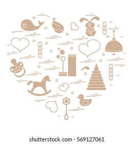Vector illustration kids elements arranged in a heart: bird, whale, pacifier, bubbles, pyramid, beanbag, rabbit, duck and other. Design element for postcard, banner, flyer, poster or print.