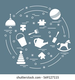 Vector illustration kids elements arranged in a circle: whirligig, ball, puzzle, rocking horse,  bucket, pyramid and other. Design element for postcard, banner, flyer, poster or print. 