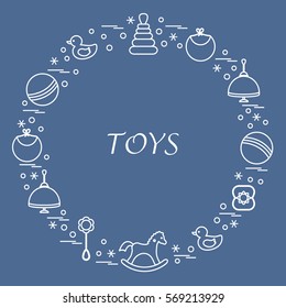 Vector illustration kids elements arranged in a circle: whirligig, ball, rocking horse, duck, pyramid and other. Design element for postcard, banner, flyer, poster or print. 