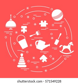 Vector illustration kids elements arranged in a circle: whirligig, ball, puzzle, rocking horse,  bucket, pyramid and other. Design element for postcard, banner, flyer, poster or print. 