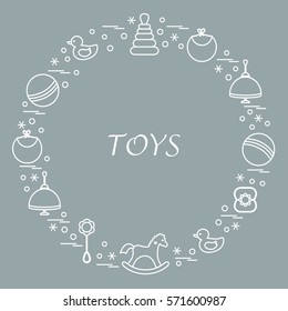 Vector illustration kids elements arranged in a circle: whirligig, ball, rocking horse, duck, pyramid and other. Design element for postcard, banner, flyer, poster or print. 