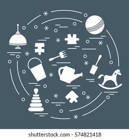 Vector illustration kids elements arranged in a circle: whirligig, ball, puzzle, rocking horse,  bucket, pyramid and other. Design element for postcard, banner, flyer, poster or print. 