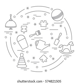 Vector illustration kids elements arranged in a circle: whirligig, ball, puzzle, rocking horse,  bucket, pyramid and other. Design element for postcard, banner, flyer, poster or print. 