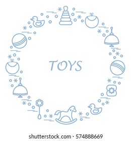 Vector illustration kids elements arranged in a circle: whirligig, ball, rocking horse, duck, pyramid and other. Design element for postcard, banner, flyer, poster or print. 