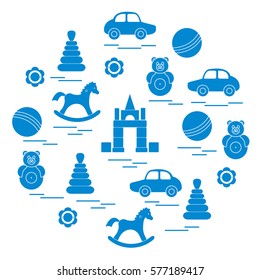 Vector illustration kids elements arranged in a circle: car, pyramid, roly-poly, ball, cubes, rocking horse, rattle. Design element for postcard, banner, flyer, poster or print. 
