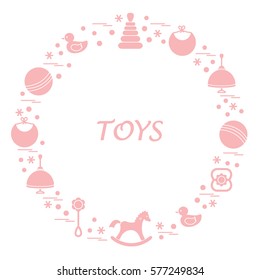 Vector illustration kids elements arranged in a circle: whirligig, ball, rocking horse, duck, pyramid and other. Design element for postcard, banner, flyer, poster or print. 