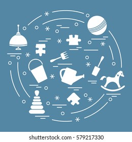 Vector illustration kids elements arranged in a circle: whirligig, ball, puzzle, rocking horse,  bucket, pyramid and other. Design element for postcard, banner, flyer, poster or print. 