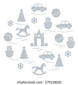 Vector illustration kids elements arranged in a circle: car, pyramid, roly-poly, ball, cubes, rocking horse, rattle. Design element for postcard, banner, flyer, poster or print. 