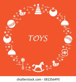 Vector illustration kids elements arranged in a circle: whirligig, ball, rocking horse, duck, pyramid and other. Design element for postcard, banner, flyer, poster or print. 