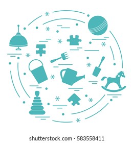 Vector illustration kids elements arranged in a circle: whirligig, ball, puzzle, rocking horse,  bucket, pyramid and other. Design element for postcard, banner, flyer, poster or print. 
