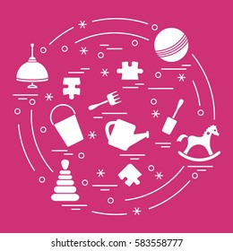 Vector illustration kids elements arranged in a circle: whirligig, ball, puzzle, rocking horse,  bucket, pyramid and other. Design element for postcard, banner, flyer, poster or print. 