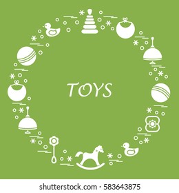 Vector illustration kids elements arranged in a circle: whirligig, ball, rocking horse, duck, pyramid and other. Design element for postcard, banner, flyer, poster or print. 