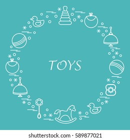 Vector illustration kids elements arranged in a circle: whirligig, ball, rocking horse, duck, pyramid and other. Design element for postcard, banner, flyer, poster or print. 