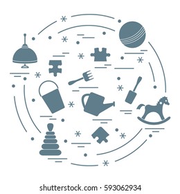 Vector illustration kids elements arranged in a circle: whirligig, ball, puzzle, rocking horse,  bucket, pyramid and other. Design element for postcard, banner, flyer, poster or print. 