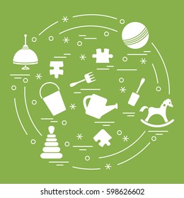 Vector illustration kids elements arranged in a circle: whirligig, ball, puzzle, rocking horse,  bucket, pyramid and other. Design element for postcard, banner, flyer, poster or print. 