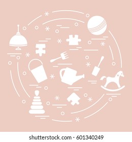 Vector illustration kids elements arranged in a circle: whirligig, ball, puzzle, rocking horse,  bucket, pyramid and other. Design element for postcard, banner, flyer, poster or print. 
