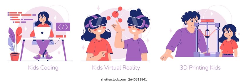 Ilustração vetorial de crianças envolvidas em codificação, explorando a realidade virtual com fones de ouvido VR e aprendendo sobre a tecnologia de impressão 3D. Enfatiza a educação CTEM e a aprendizagem inovadora.