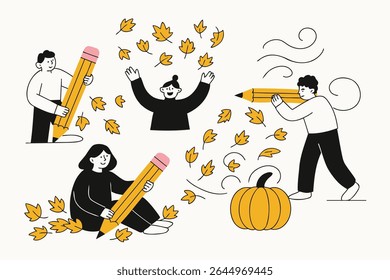 Vector illustration of kids enjoying autumn with giant pencils. Falling leaves, wind swirls, and pumpkins create a cozy seasonal vibe. Perfect for fall-themed education and creative content.