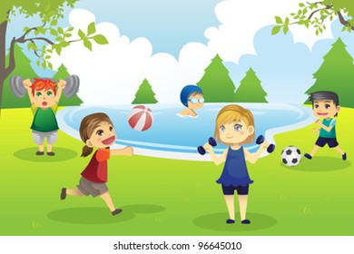 A vector illustration of kids exercising in the park