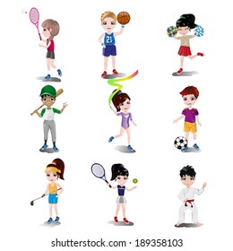 A vector illustration of kids exercising and playing different sports