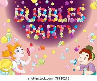 Vector illustration, kids favorite bubbles party, card concept.