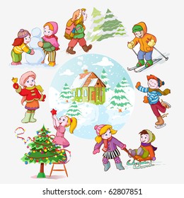 vector illustration, kid's favorite winter activities, cartoon concept.