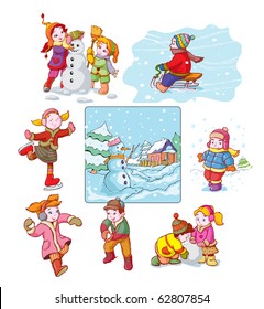 vector illustration, kid's favorite winter games, cartoon concept.