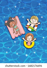 Vector Illustration Of Kids Floating On Inflatable In The Pool