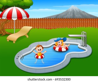 Vector illustration of Kids floating on inflatable ring in the pool